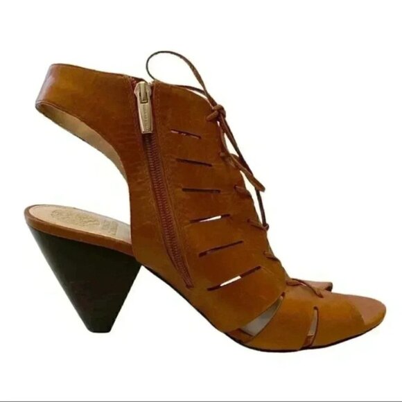 Vince Camuto Estie Leather Ankle Booties Peep Toe Heeled Lace Up Tan Brown 10 - Picture 10 of 14